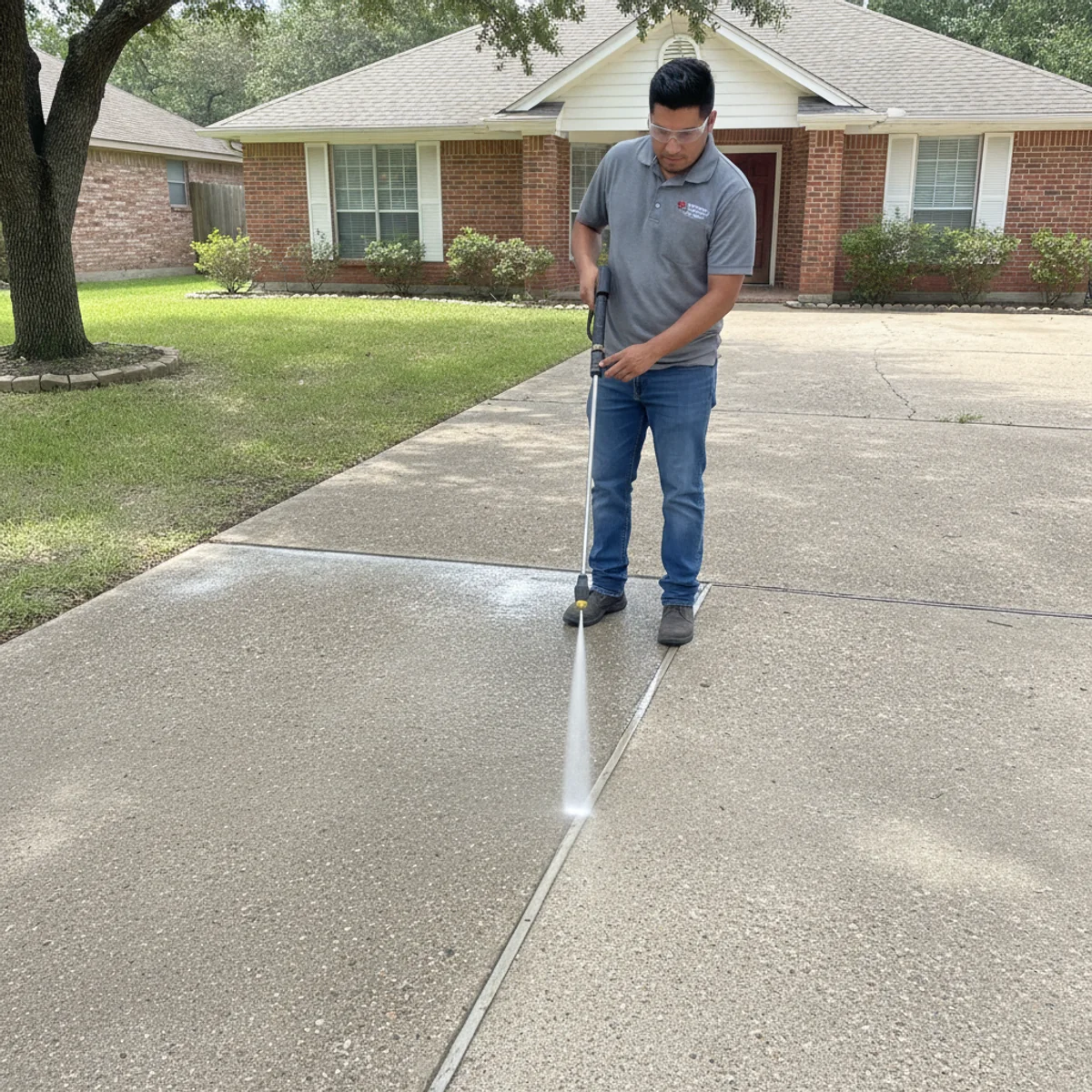 Houston Pressure Washing 24 technician power-washing a driveway with visible clean-vs-dirty contrast